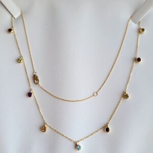 10k Solid Yellow Gold Genuine Multi Gemstone Charm Necklace, 18"💥FIRM PRICE💥